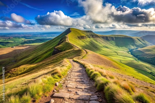 Scenic landscape of hiking route to the top of Pen y Fan mountain in Brecon Beacons National Park, Wales