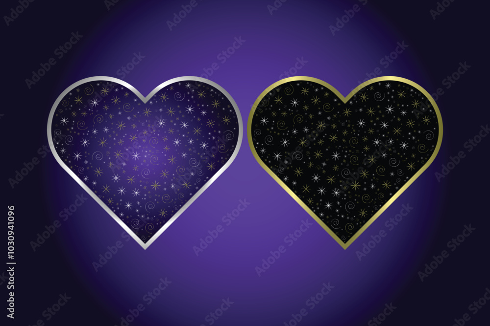 heart with diamonds, Set of hearts, sparkling effect, purple bluish gradient, black color, golden and silver outline, token of love, EPS vector file heart with diamonds, Set of hearts, sparkling effect, purple bluish gradient, black color, golden and silver outline, token of love, EPS vector file