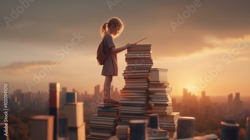 Young girl standing on stack books during sunset