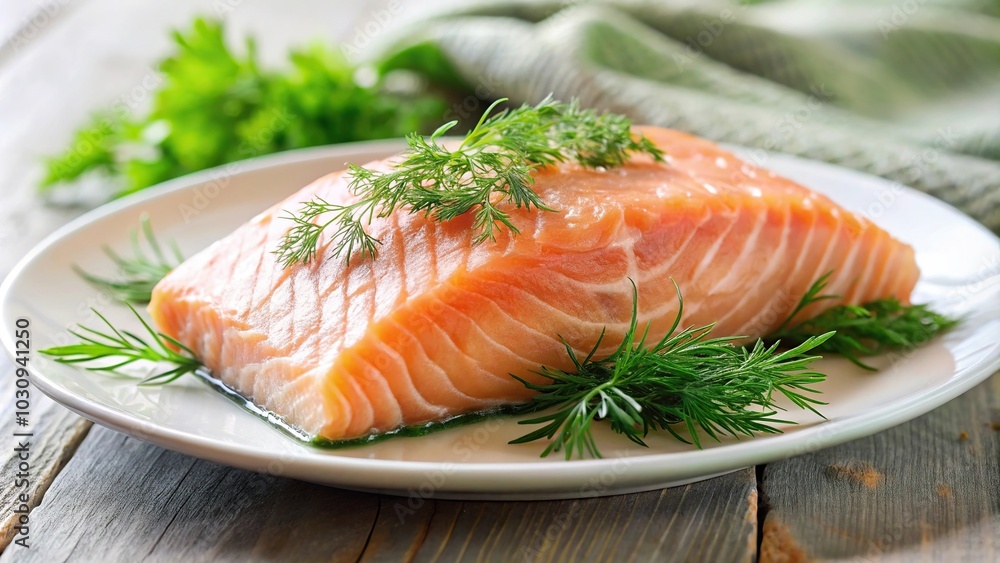 Salmon fillet with dill on plate, selective focus Salmon fillet with dill on plate, selective focus