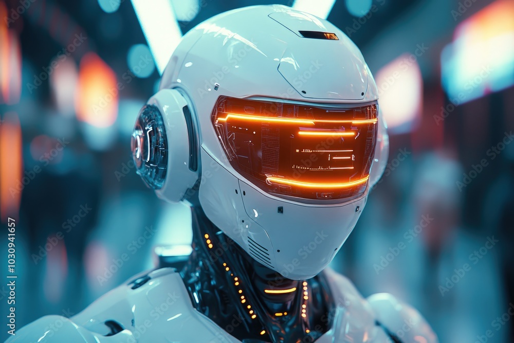 Futuristic Robot with Illuminated Visor in a Cyberpunk Cityscape Futuristic Robot with Illuminated Visor in a Cyberpunk Cityscape