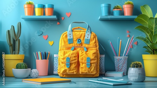 Bright yellow backpack with school supplies on colorful desk