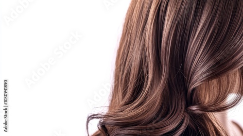 Closeup of a womans brown wig with long straight and curly sections side view isolated on white