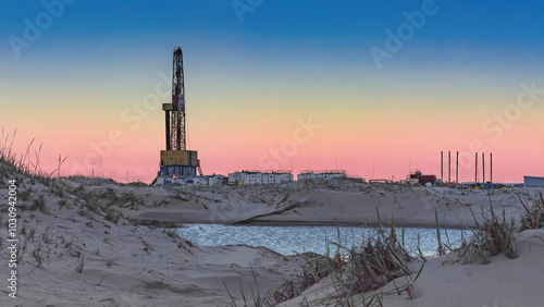 Drilling oil and gas wells in desert terrain. Sand hills, sparse vegetation. Beautiful sky. Infrastructure of the drilling rig