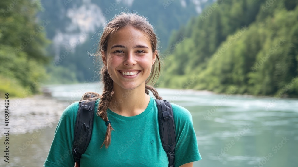 beautiful hiker along the riverside wearing green t-shirts, smiling and facing toward camera beautiful hiker along the riverside wearing green t-shirts, smiling and facing toward camera