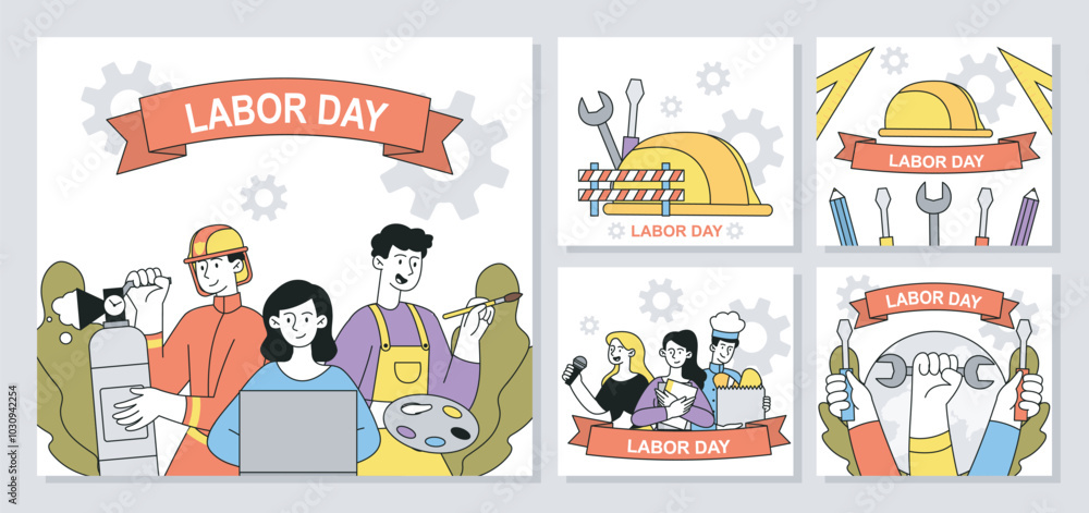 Labor day posters set. Firefighter, artist, singer, baker and teacher. International holiday and festival May 1. Tools for repairing. Linear vector collection Labor day posters set. Firefighter, artist, singer, baker and teacher. International holiday and festival May 1. Tools for repairing. Linear vector collection