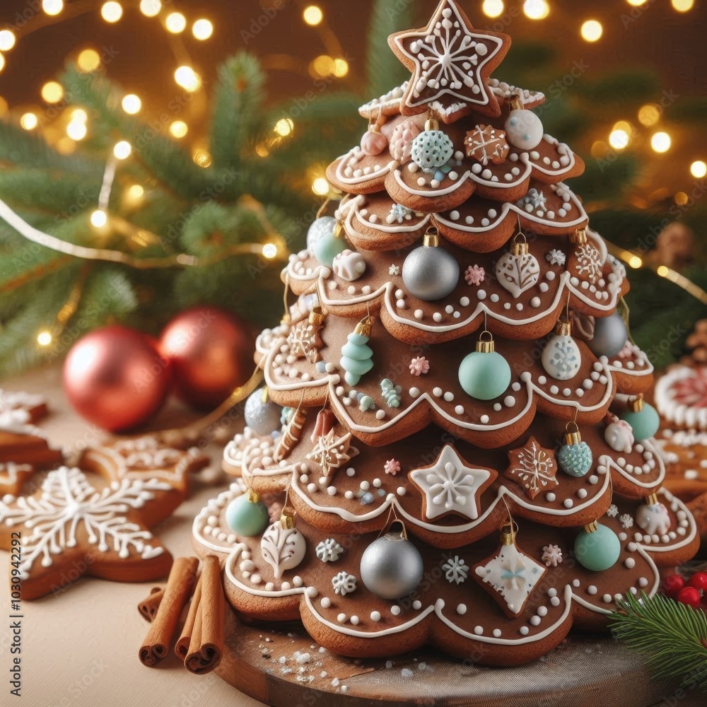 Gingerbread tree with colorful icing lights. Baking recipes for Christmas and New Year Gingerbread tree with colorful icing lights. Baking recipes for Christmas and New Year