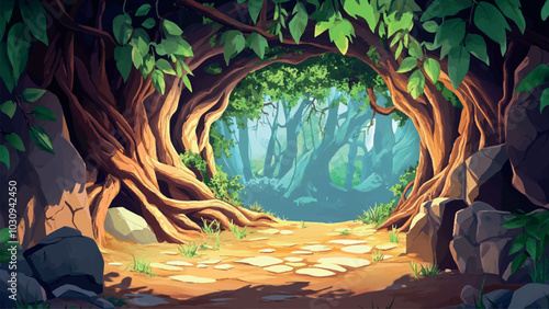 Tunnel of Twisted Tree Roots with Vines Hanging from Them Cartoon Background Illustration Featuring Enchanted Forest Scene Lush Greenery and Mysterious Atmosphere