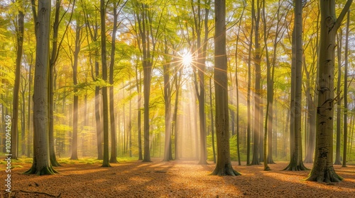 Sunbeams Illuminating a Dense Forest with Golden Autumn Leaves