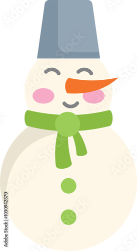 Smiling snowman with rosy cheeks wearing a green scarf and a grey hat