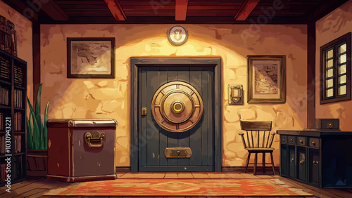 Vintage Safe in Bank Room Wild West Cartoon Background Illustration Featuring Historical Scene Rustic Interior Old-Fashioned Design and Western Atmosphere