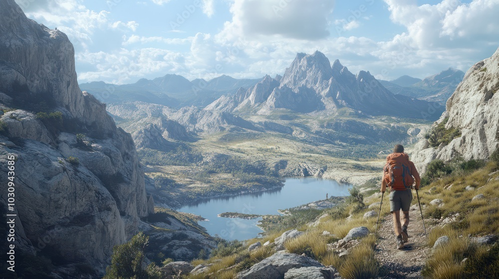 Fototapeta premium Closeup view of a hiker hiking in rugged land with majestic view.