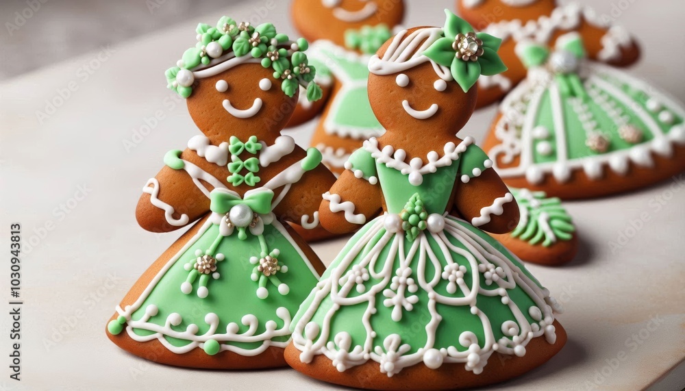 Gingerbread woman with a green dress and icing details. Baking recipes for Christmas and New Year. Postcard Gingerbread woman with a green dress and icing details. Baking recipes for Christmas and New Year. Postcard