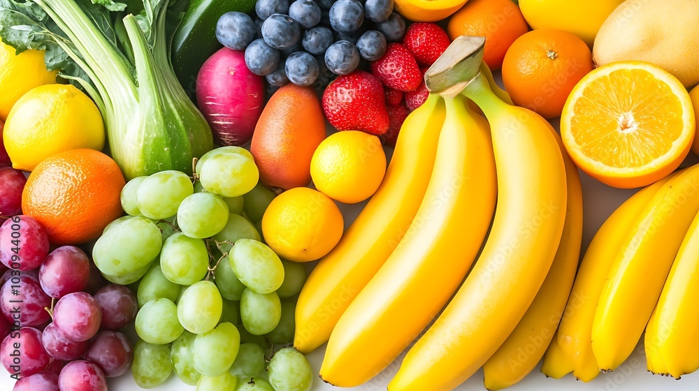 A vibrant collection of fresh fruits and vegetables, including bananas, grapes, oranges, lemons, strawberries, blueberries, and radishes, arranged in a colorful and appetizing display. A vibrant collection of fresh fruits and vegetables, including bananas, grapes, oranges, lemons, strawberries, blueberries, and radishes, arranged in a colorful and appetizing display.