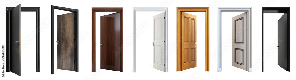 Set of Open entrance door elements for home interior decoration isolated on transparent png background, front door with handle. Set of Open entrance door elements for home interior decoration isolated on transparent png background, front door with handle.