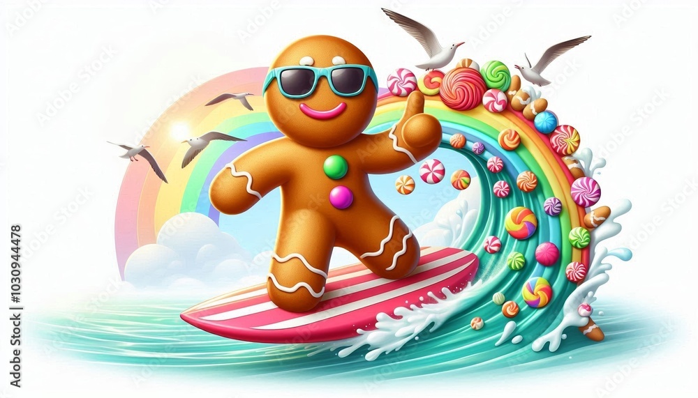 Naklejka premium Gingerbread man surfing on a candy wave. Baking recipes for Christmas and New Year. Postcard