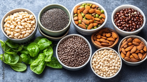 Assorted seeds and nuts in bowls with spinach leaves.