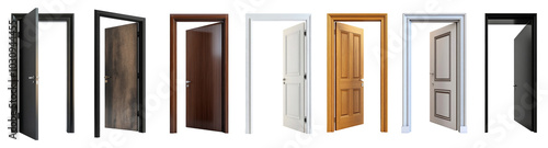 Set of Open entrance door elements for home interior decoration isolated on transparent png background, front door with handle.
