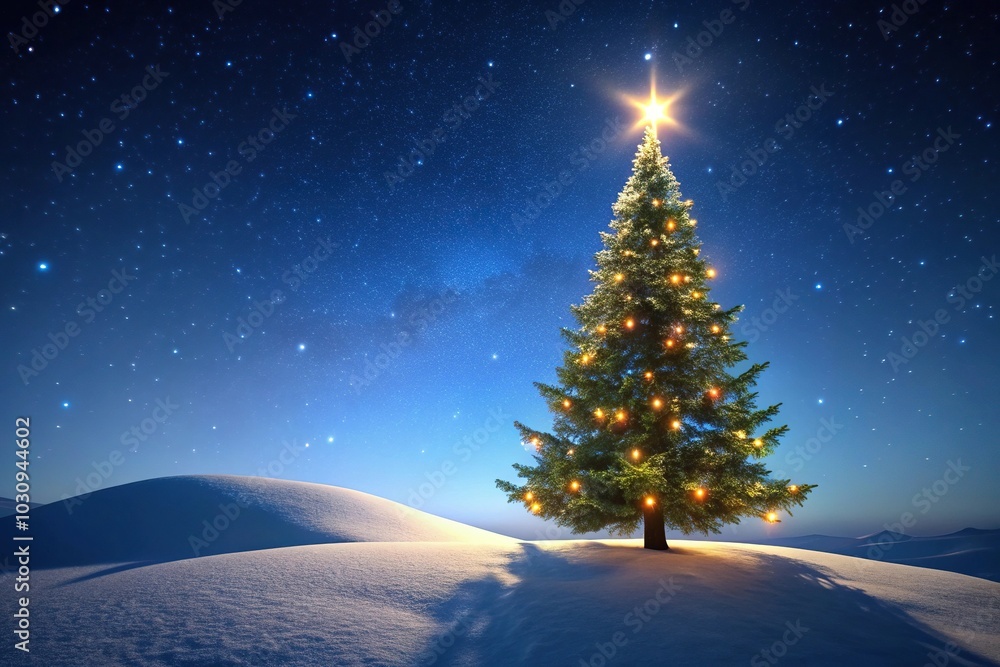 Silhouette of Christmas tree with lights on snowy hill under clear night sky Silhouette of Christmas tree with lights on snowy hill under clear night sky