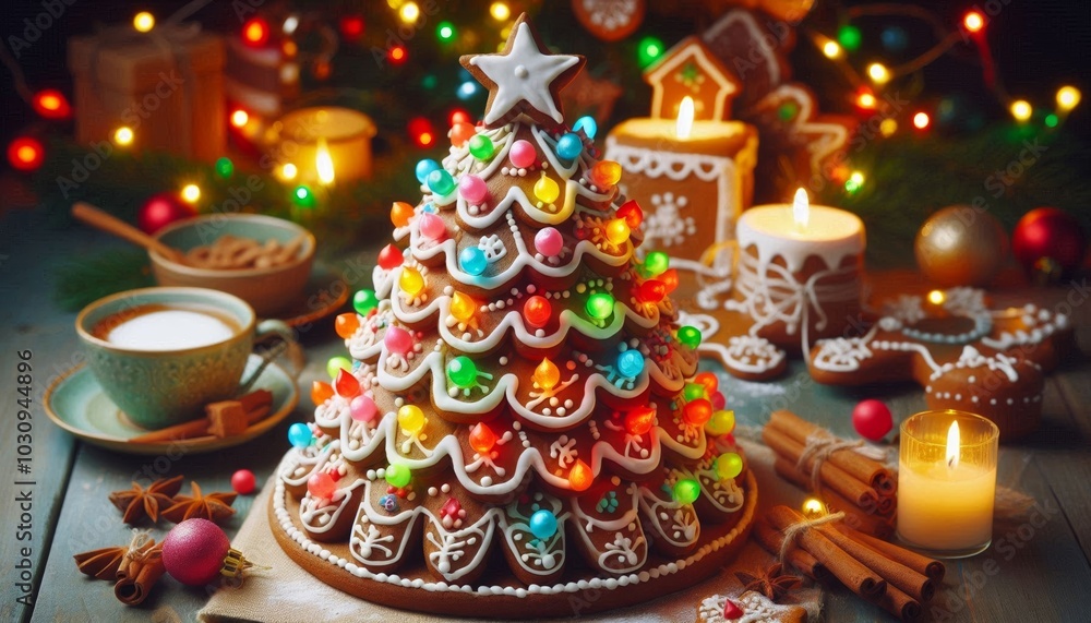 Gingerbread tree with colorful icing lights. Baking recipes for Christmas and New Year Gingerbread tree with colorful icing lights. Baking recipes for Christmas and New Year