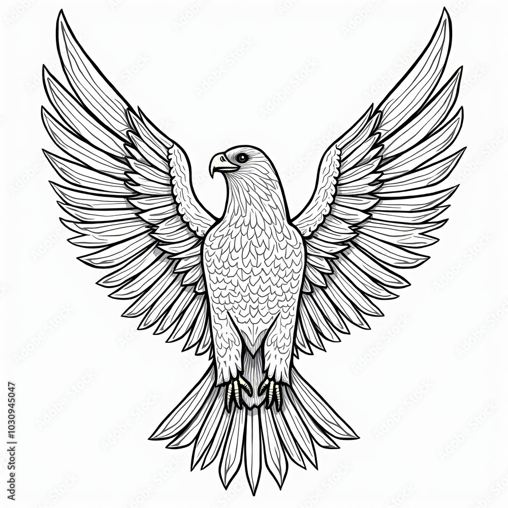 Fototapeta premium A detailed black and white illustration of an eagle with spread wings, showcasing its majestic features and intricate feather patterns