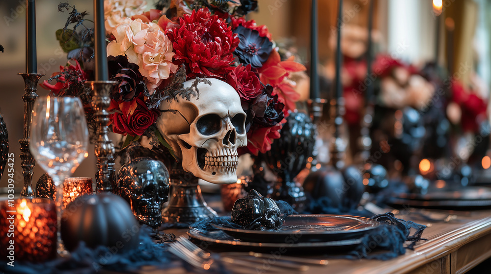 Elegant Halloween dining table setting with dark floral arrangements and skull decor in a lavish indoor space Elegant Halloween dining table setting with dark floral arrangements and skull decor in a lavish indoor space