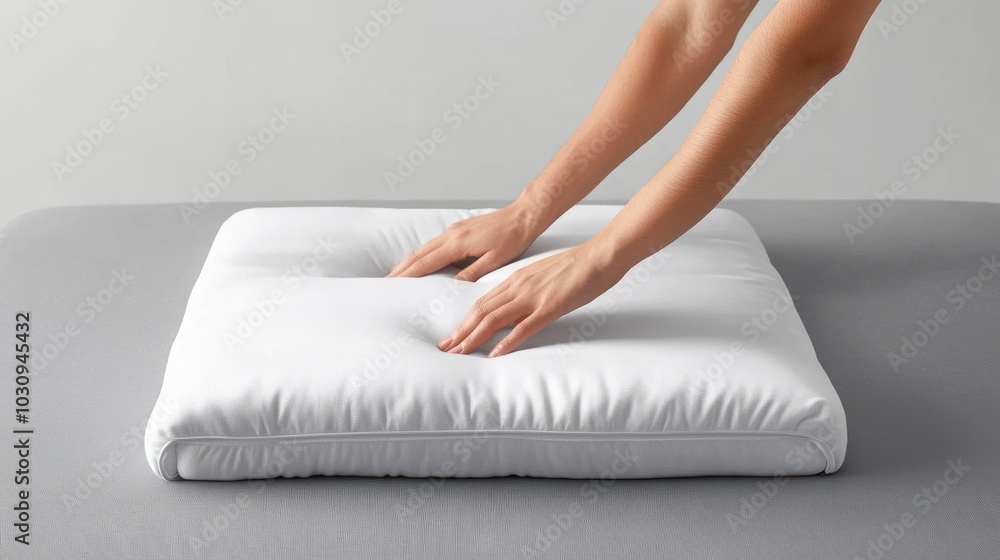 Hands adjust white mattress topper on gray bed, minimalist bedroom setting. Hands adjust white mattress topper on gray bed, minimalist bedroom setting.