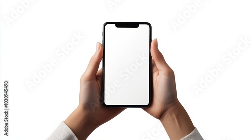 hands hold mobile phone blank white screen on landscape or gaming mode mockup isolated white background