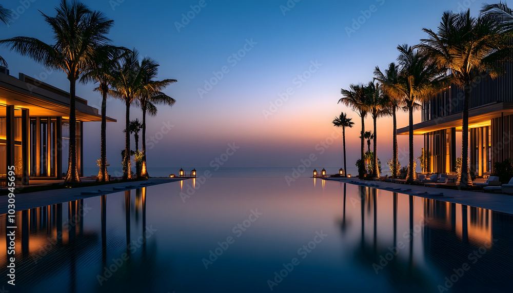 Obraz premium Chic Five-Star Hotel Panorama, Evening Serenity by the Pool with Palm Trees and Elegance 