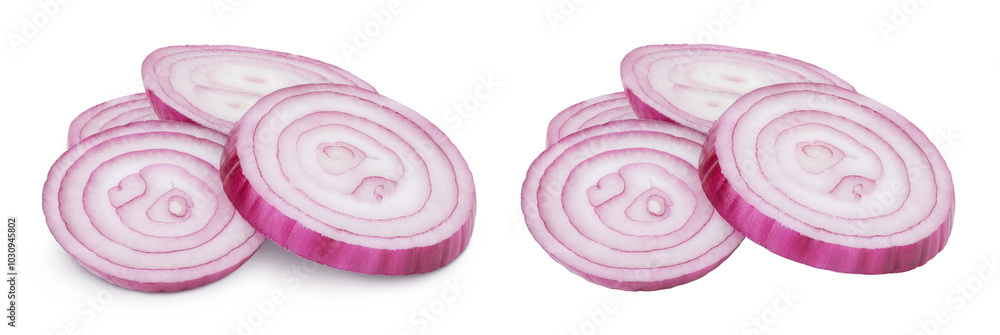 Red onion slices isolated on a white background Red onion slices isolated on a white background