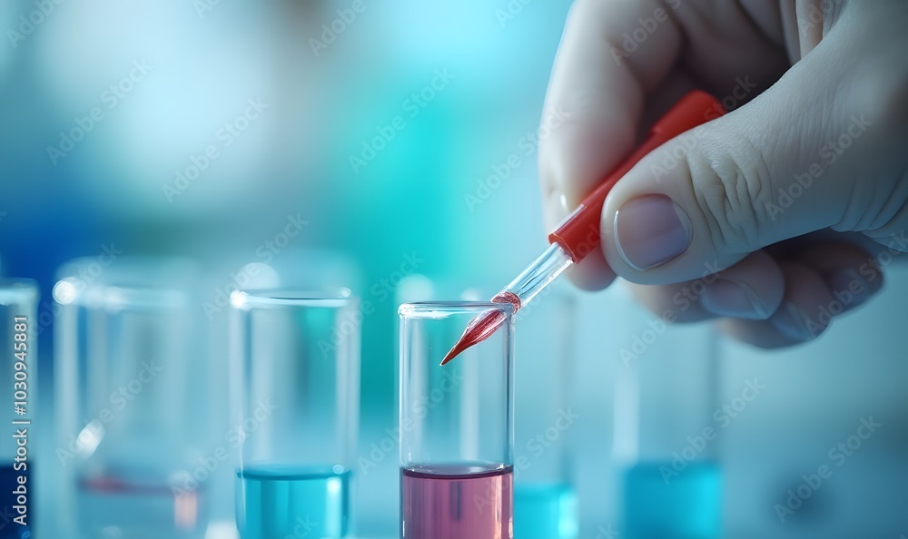 Chemical pipette contains a small amount of liquid in a test tube for precise measurements. Chemical pipette contains a small amount of liquid in a test tube for precise measurements.