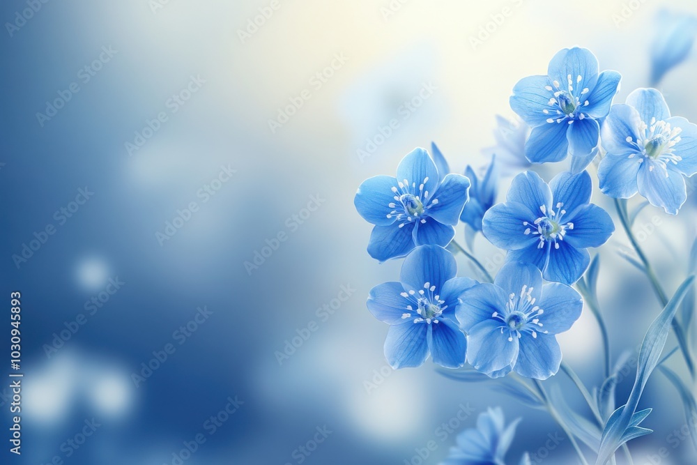 Close-up of blue spring flowers on blue background, delicate pastel colors, floral nature art Close-up of blue spring flowers on blue background, delicate pastel colors, floral nature art