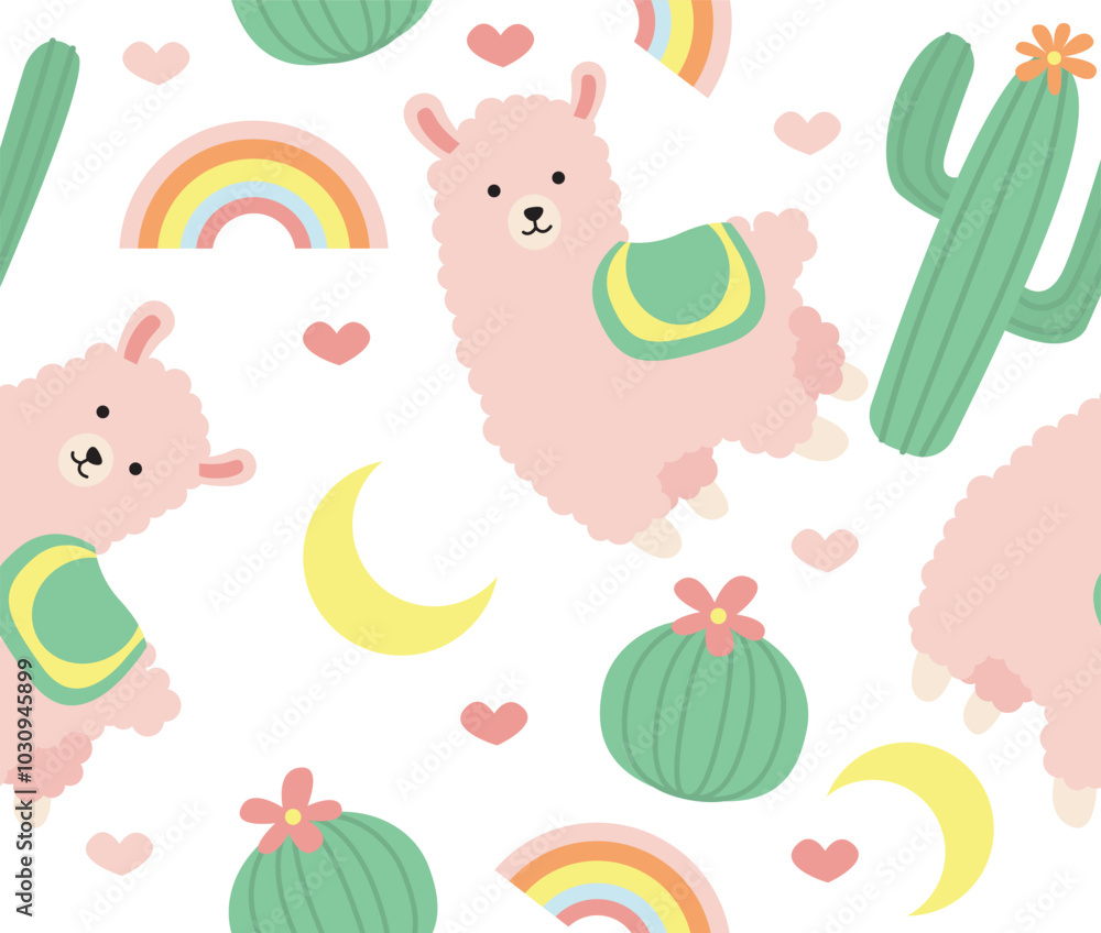 llama seamless pattern. Repeating design element for printing on fabric. African desert fluffy animal. Cactus and rainbow, heart. Wallpaper and texture. Flat vector illustration llama seamless pattern. Repeating design element for printing on fabric. African desert fluffy animal. Cactus and rainbow, heart. Wallpaper and texture. Flat vector illustration
