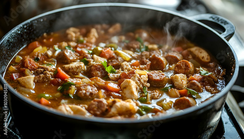 Chicken and sausage gumbo simmering in an iron kettle, full of flavor 