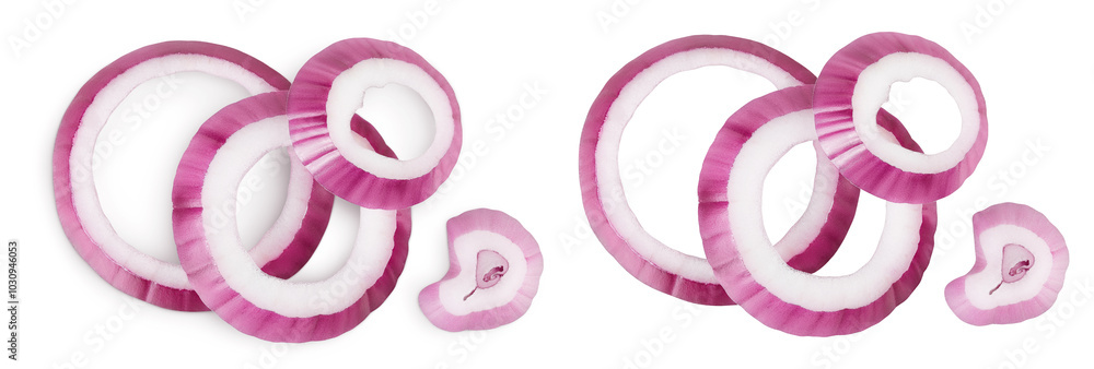 Red onion slices isolated on a white background. Top view. Flat lay Red onion slices isolated on a white background. Top view. Flat lay