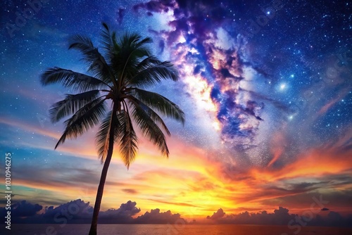 Starry night sky silhouette with palm tree