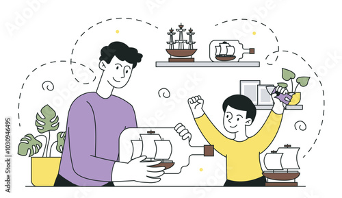 Modeling of ships. Father and son collect toy in bottle. Handmade and handicraft boat and nautical vessel with sailors. Hobby and leisure. Linear vector illustration