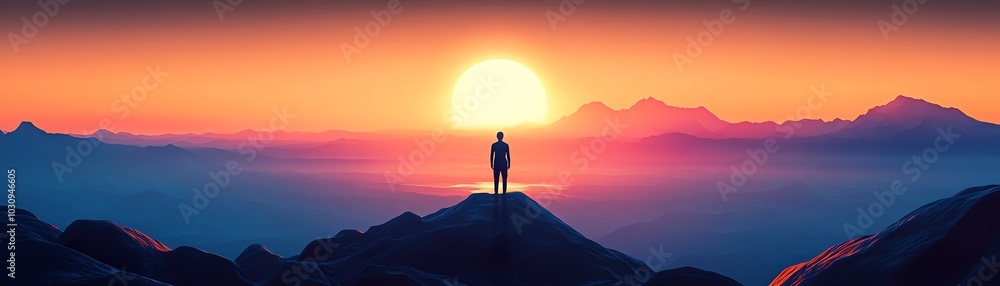A solitary figure stands on a mountain peak, gazing at a vibrant sunset over distant mountains, evoking peace and reflection. A solitary figure stands on a mountain peak, gazing at a vibrant sunset over distant mountains, evoking peace and reflection.