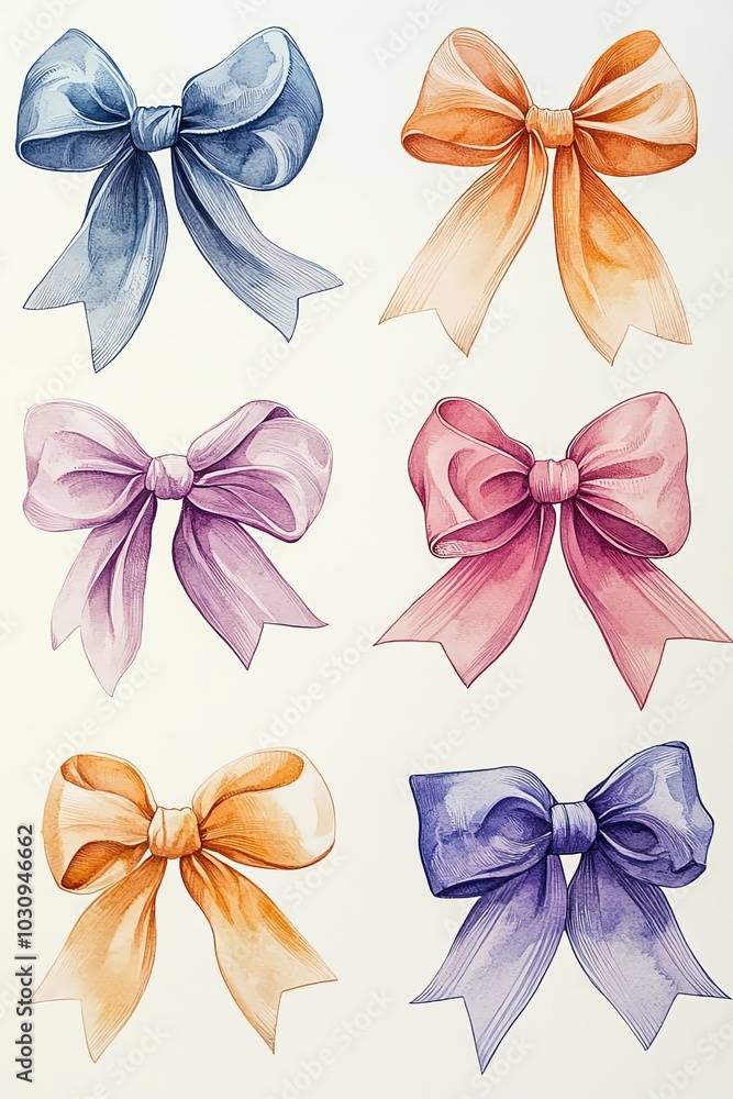 A collection of six colorful ribbons in various shades, perfect for decoration, crafts, or gift wrapping. A collection of six colorful ribbons in various shades, perfect for decoration, crafts, or gift wrapping.