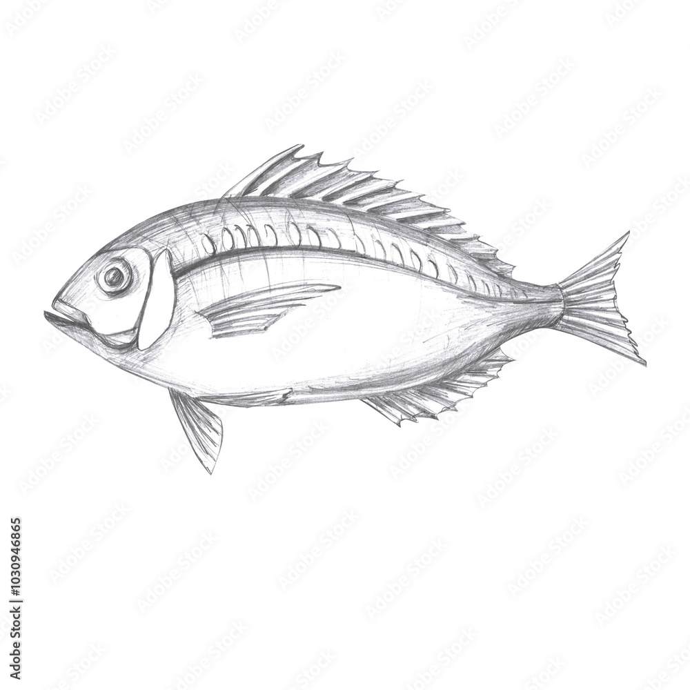 Fish hand drawn in pencil. Isolated illustration in realistic style of sea vertebrate for design of fish restaurants, menu, textile, posters Fish hand drawn in pencil. Isolated illustration in realistic style of sea vertebrate for design of fish restaurants, menu, textile, posters