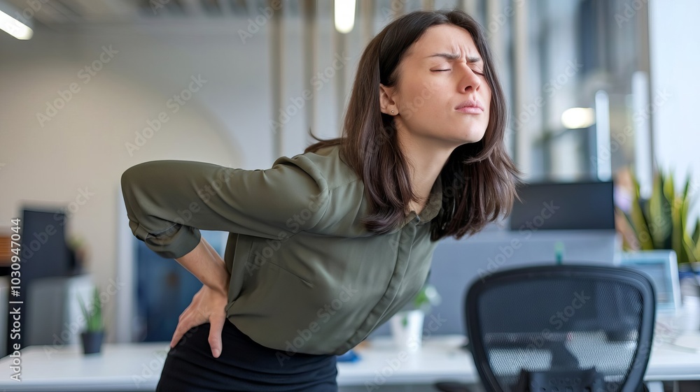 Young woman with dark hair experiencing back pain while standing in an office environment, demonstrating discomfort and poor posture Young woman with dark hair experiencing back pain while standing in an office environment, demonstrating discomfort and poor posture