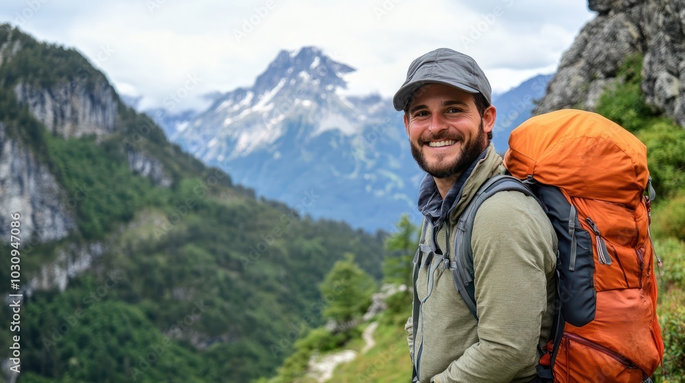 Man with a backpack smiles while hiking on a mountain trail with a stunning view Man with a backpack smiles while hiking on a mountain trail with a stunning view