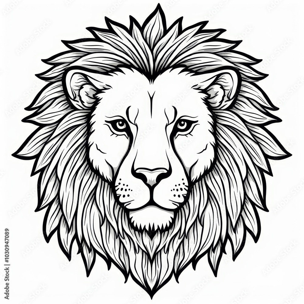 Detailed line art illustration of a lion's face with intricate mane design on a plain background Detailed line art illustration of a lion's face with intricate mane design on a plain background
