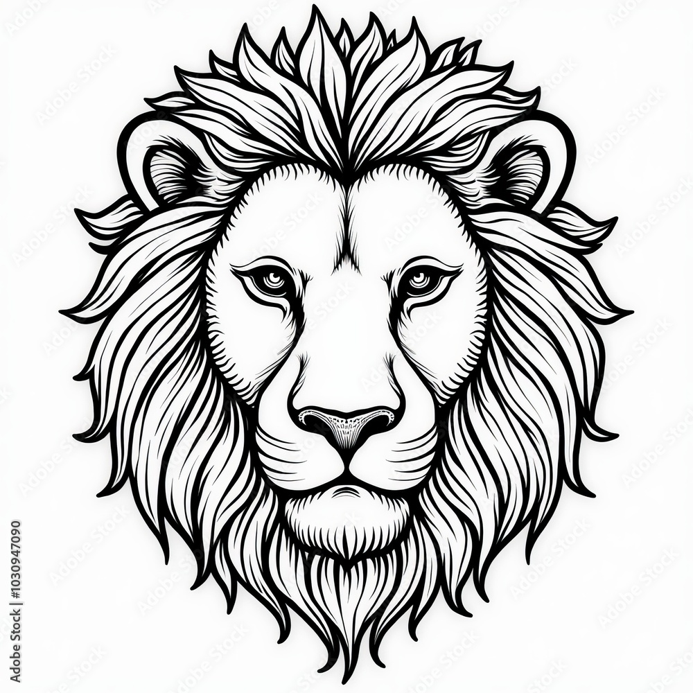 Fototapeta premium Detailed line art illustration of a lion's face with intricate mane design on a plain background
