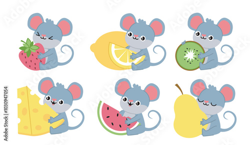 Set of mice with food. Grey mouse with strawberry, cheese, lemon, kiwi, pear and watermelon. Rat with natural and organic fresh products. Flat vector collection