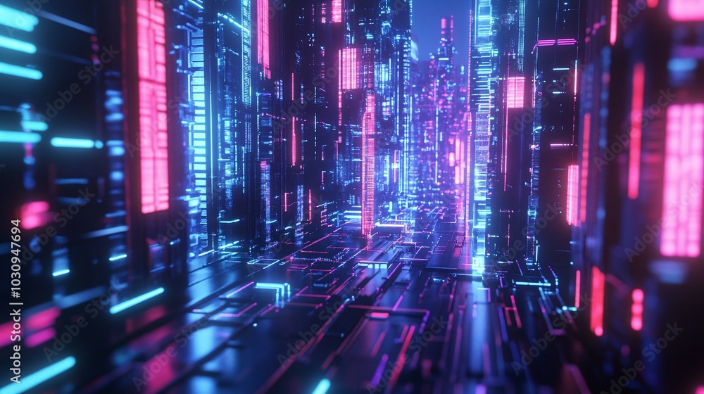 Obraz premium Cyberpunk Cityscape with Neon Lights
