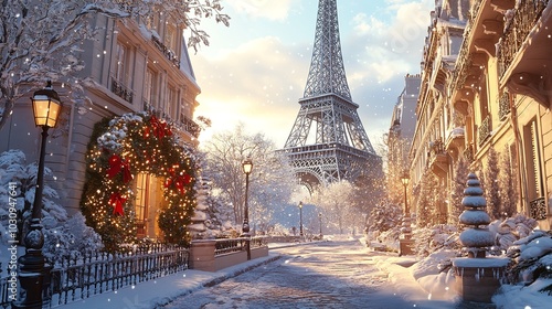A Street in Paris Under the Snow in Winter, Eiffel Tower