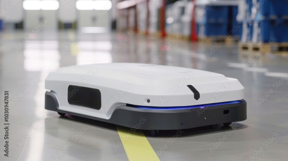 White Autonomous Robot on a Warehouse Floor White Autonomous Robot on a Warehouse Floor