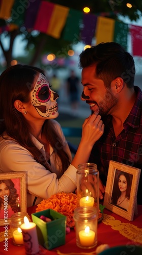 Mexican couple painting sugar skull makeup designs on face, Dia de los Muertos celebration, festive tradition and artistic expression photo