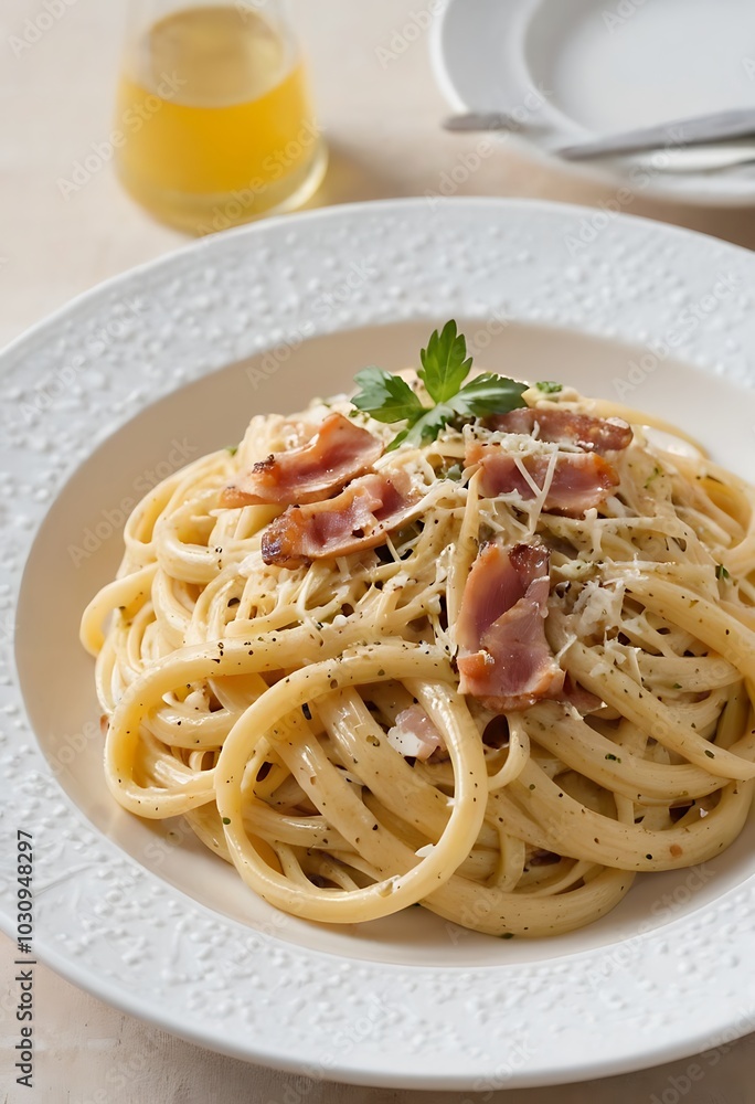 Traditional Italian pasta Carbonara, Spaghetti with bacon, egg and parmesan cheese Traditional Italian pasta Carbonara, Spaghetti with bacon, egg and parmesan cheese